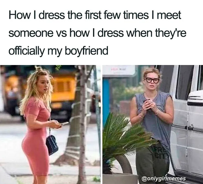 Two contrasting images of a woman depicting fashion changes from dating to being in a relationship, with a humorous twist.