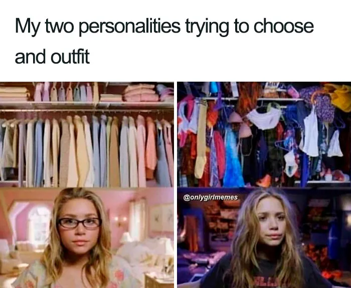 Two contrasting personalities choosing outfits from tidy and messy closets in a funny girl meme from Instagram.