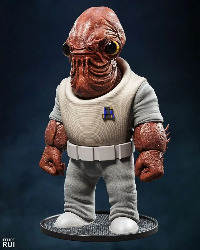 Digital artist's terrifying version of a popular character with textured skin and intense yellow eyes on display.