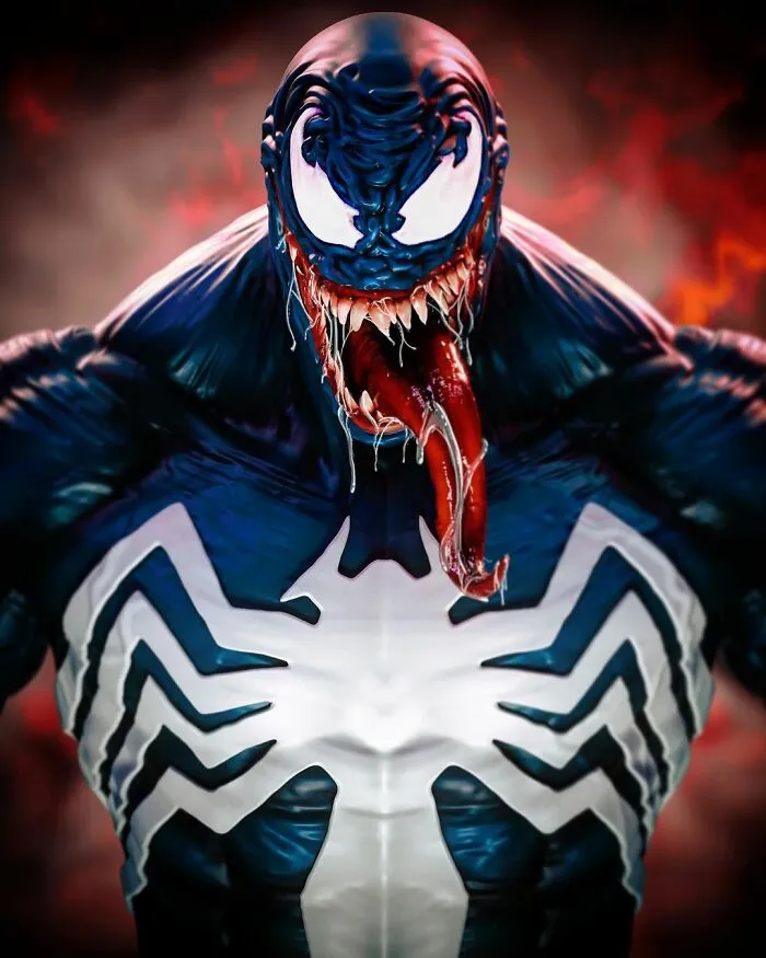 Terrifying digital artwork of a popular character Venom with sharp teeth and long tongue in a dark, fiery background.