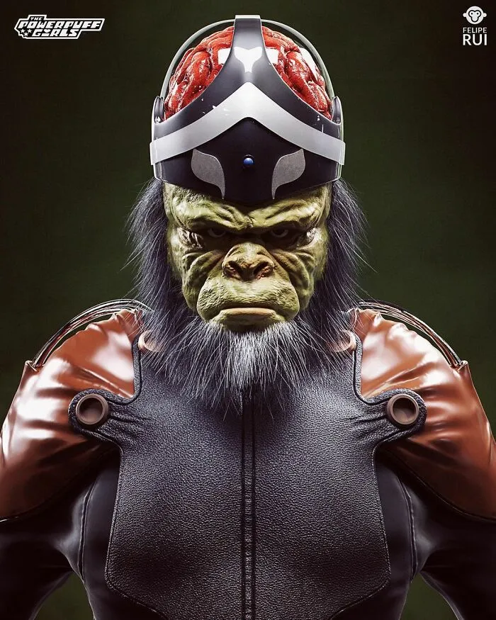 Terrifying digital art of a popular character with exposed brain and detailed armor, designed to keep you up at night.