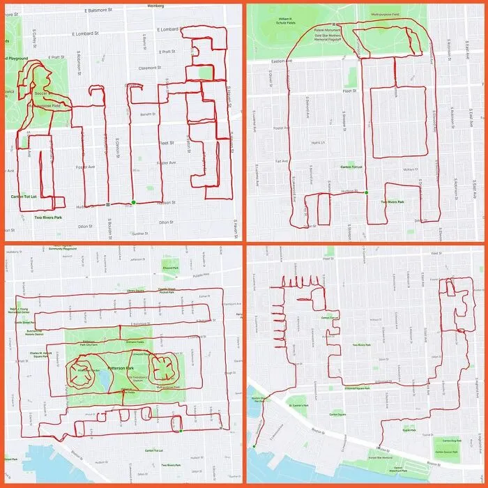Gary Cordery Collects People's Drawings Made On A Map By Walking, Running, Cycling, Or Driving (94 Pics)