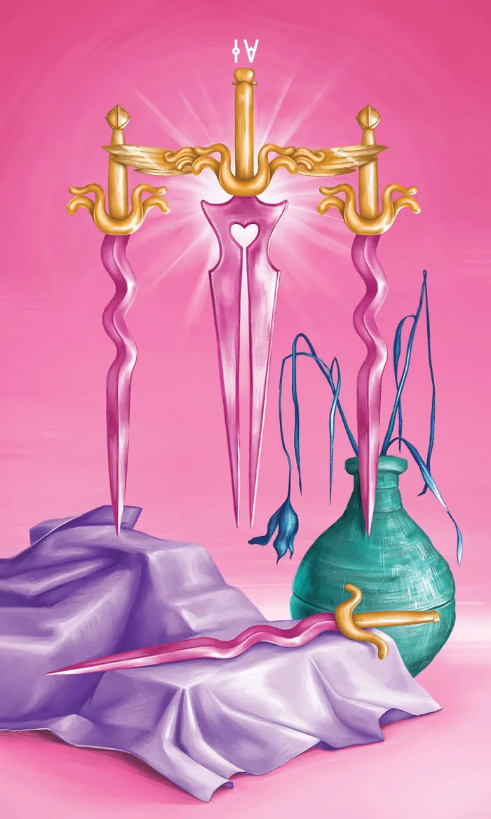 The Four Of Swords - It Looks Like The Three Swords Killed The Fourth One And Now They're Hovering Over Him Like "You Ded".