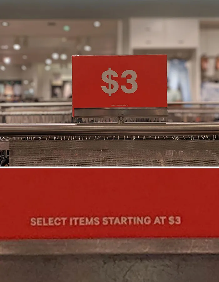Cartel de venta en H&M hoy. La letra pequeña es difícil de leer en persona