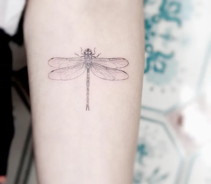 Intricate first tattoo idea featuring a detailed dragonfly design on the arm.