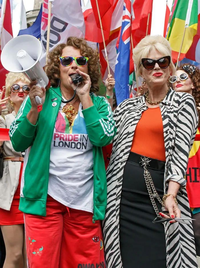 Jennifer Saunders and Joanna Lumley in character Edina Monsoon and Patsy Stone at London pride 2016