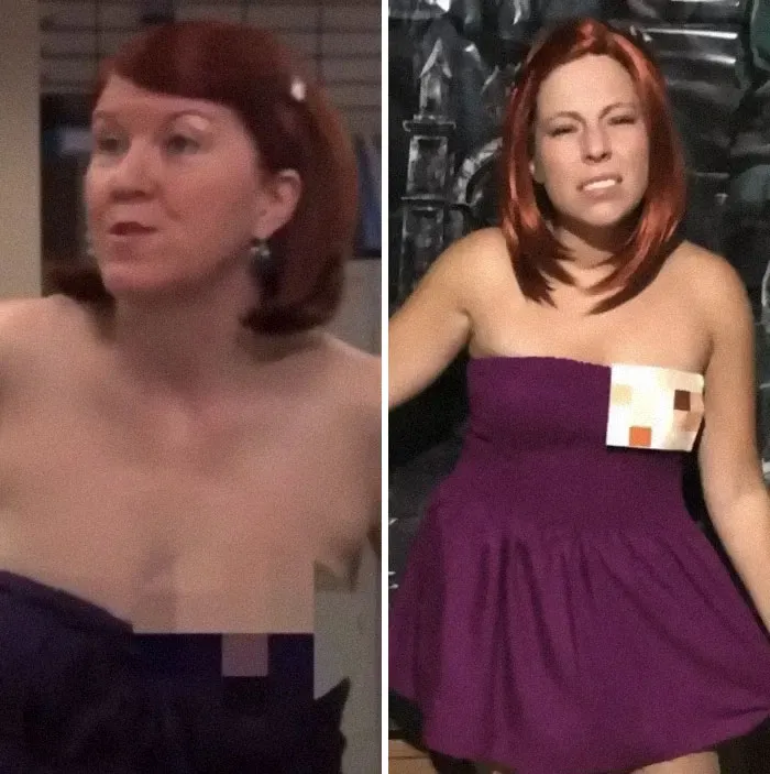 Two women in simple purple dresses with pixelated overlays, showcasing creative Halloween costumes with minimal effort.