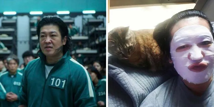 "Squid Game scene with a player in green tracksuit; person with face mask and cat relaxing."