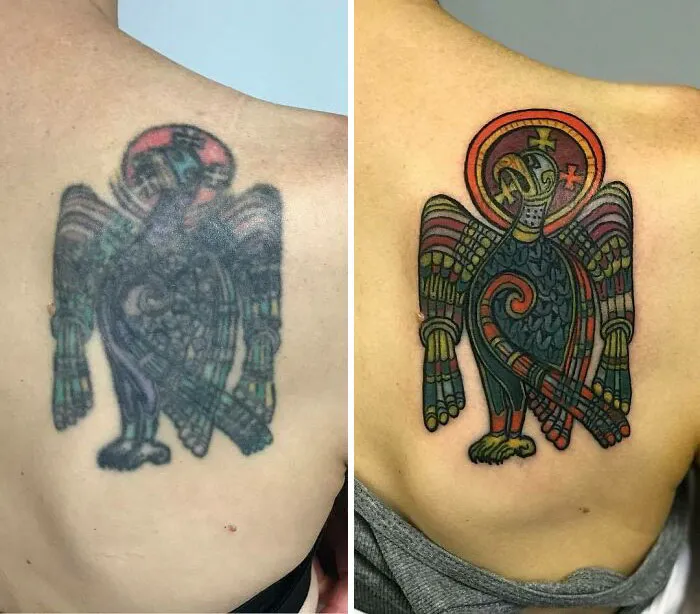 Old tattoo transformed with a colorful and intricate design by ink masters.