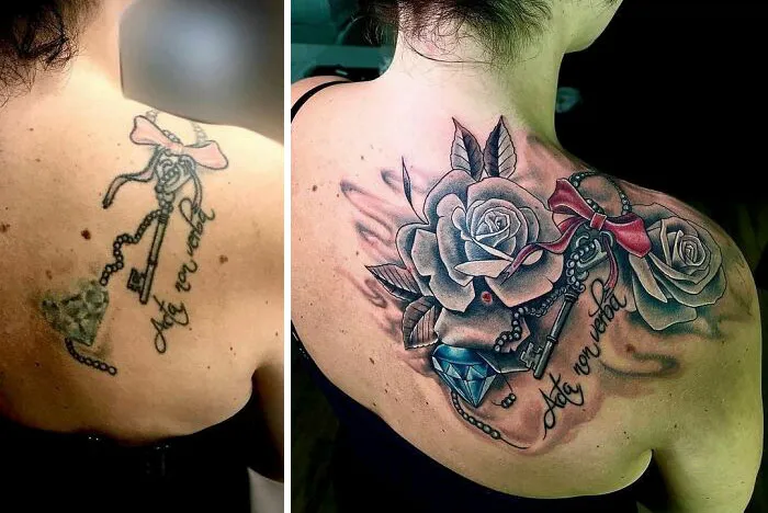 Ink Master makeover transforming an old tattoo into a detailed rose and key design on a woman's back.