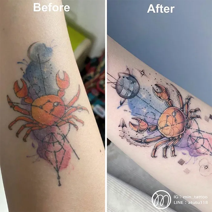Tattoo makeover of a crab design; before and after transformation by ink masters.