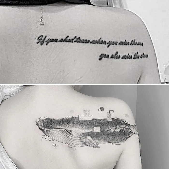 Old tattoo transformed into a detailed whale design by an ink master.