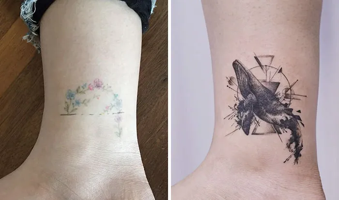 Ink master makeover: faded floral tattoo turned into a detailed whale design on ankle.