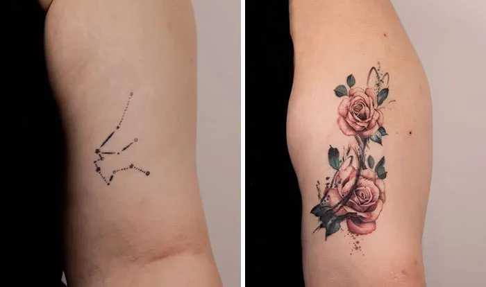 Ink masters transform simple constellation tattoo into vibrant rose design.