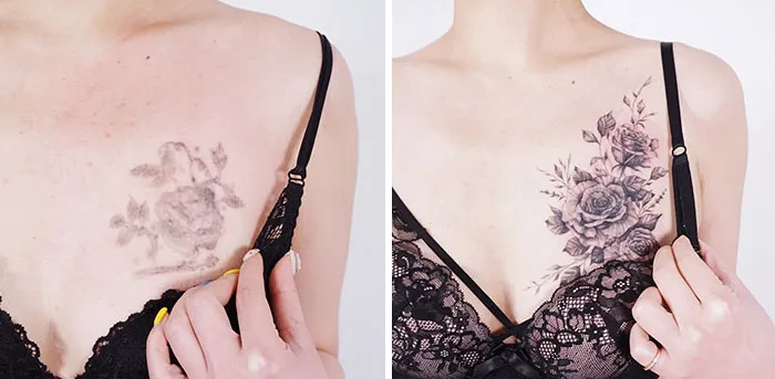 Ink Master makeover: Before and after of a floral tattoo transformation on a woman's chest.