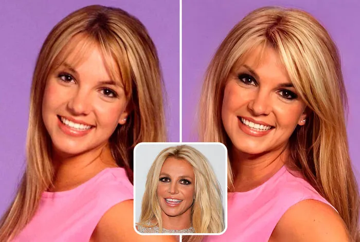 Britney Spears before plastic surgery, AI rendering of her with no plastic surgery, and a current photo.