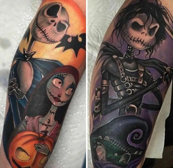 Colorful spooky Halloween tattoos featuring skeleton-like characters with dark and vivid designs.