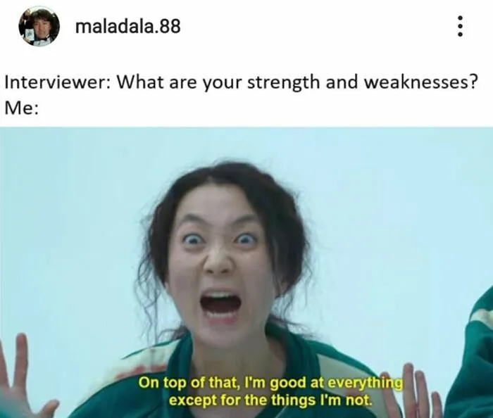 A character from Netflix's Squid Game expressing frustration in a humorous interview meme.