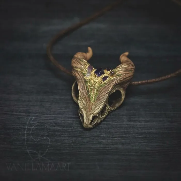 Forest Dragon Skull With Raw Amethyst Crystals