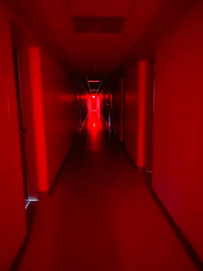 Salí de mi habitación y me recibió esta escena. La única luz que hay es la de los carteles de salida a ambos extremos del pasillo, pero caminar hacia ellos no hace que te acerques