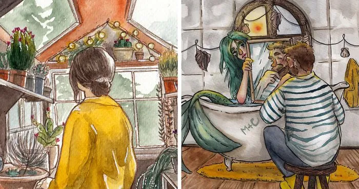 I Left My Job To Be A Full-Time Illustrator, Here Are 30 Cute Moments I Created With Watercolor And Ink