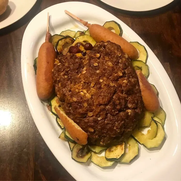 Got Snowed In So We Had To Work With What We Had. I Present Meatloaf “Turkey”, Complete With Little Smokie Stuffing. Happy Thanksgiving Y’all