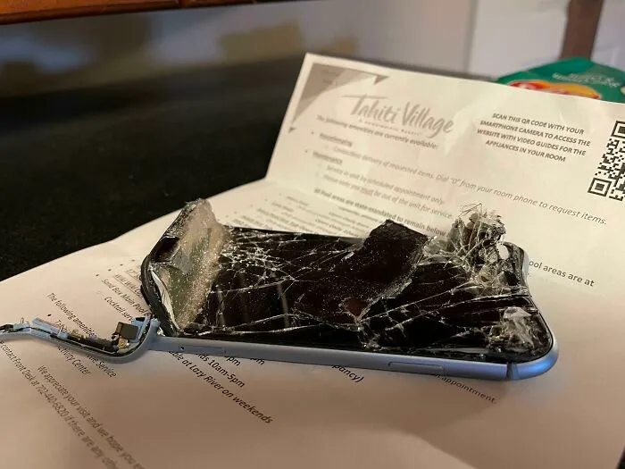 First Night Of Vacation And We Go To Pull Out The Sofa Bed For The Kids, Hear A Loud Crunching Sound... Son’s iPhone Fell Between The Cushions And Got Caught In Hinges Of Bed Frame...