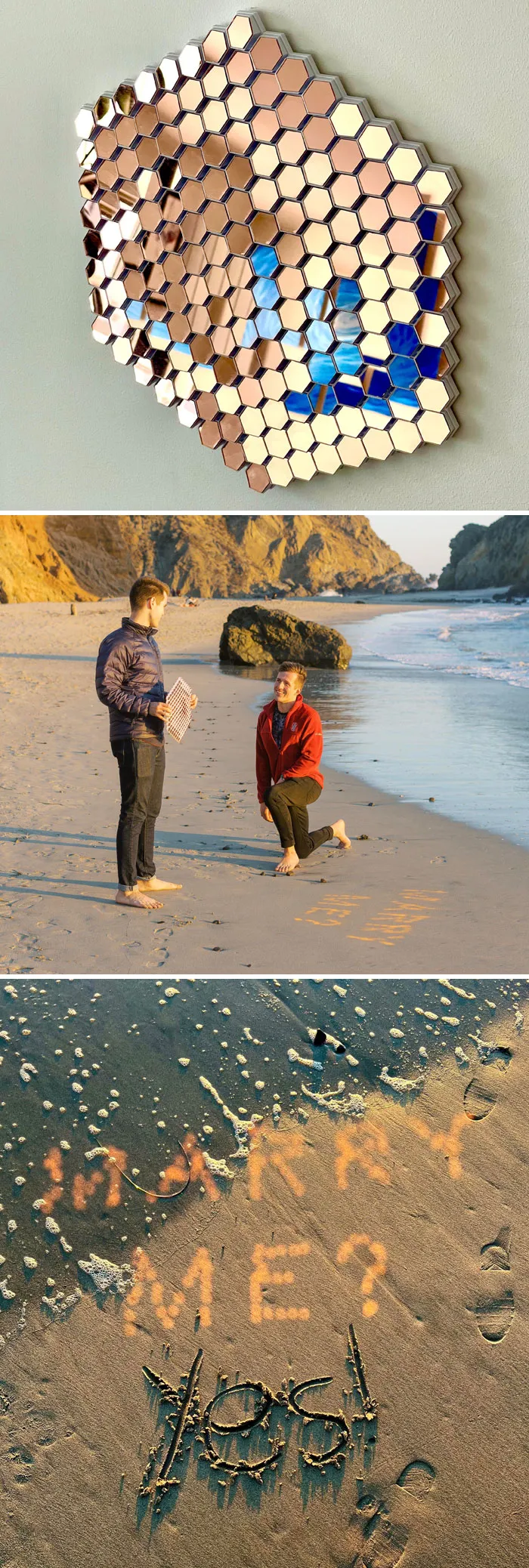 He diseñado un conjunto de espejos impresos en 3D para pedir matrimonio. Los espejos están inclinados para que, justo antes de la puesta de sol, reflejen la luz del sol y deletreen "Marry Me?" (¿Quieres casarte conmigo?)