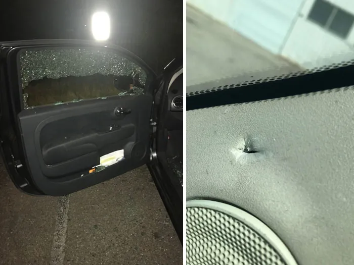 Escuché unos disparos justo antes de irme al trabajo, decidí esperar unos 10 minutos antes de ir hacia mi auto y me encontré con esto. Me alegro de no haber estado dentro