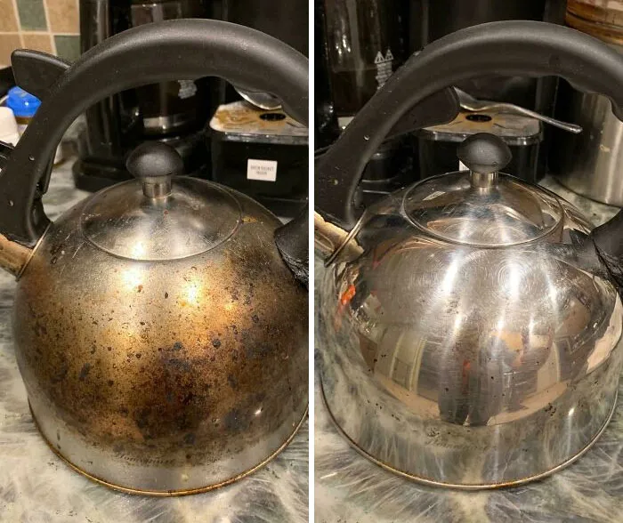No podía soportar lo asquerosa que estaba la tetera de mi hermana por las salpicaduras de la estufa. ¡Un poco de limpiador multiusos Bar Keepers Friend y algo de trabajo manual lograron el objetivo!