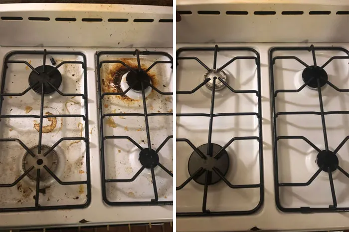 ¡Antes y después de la limpieza de mi estufa! ¡Me sentía un poco avergonzado de compartir esto, pero espero que pueda ayudar a inspirar a otros!