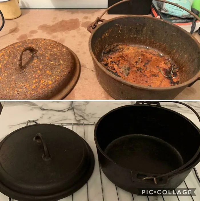 Cleaned Up My Rusty Old Camp Oven That I Neglected. Coke And Wire Brush On A Drill.