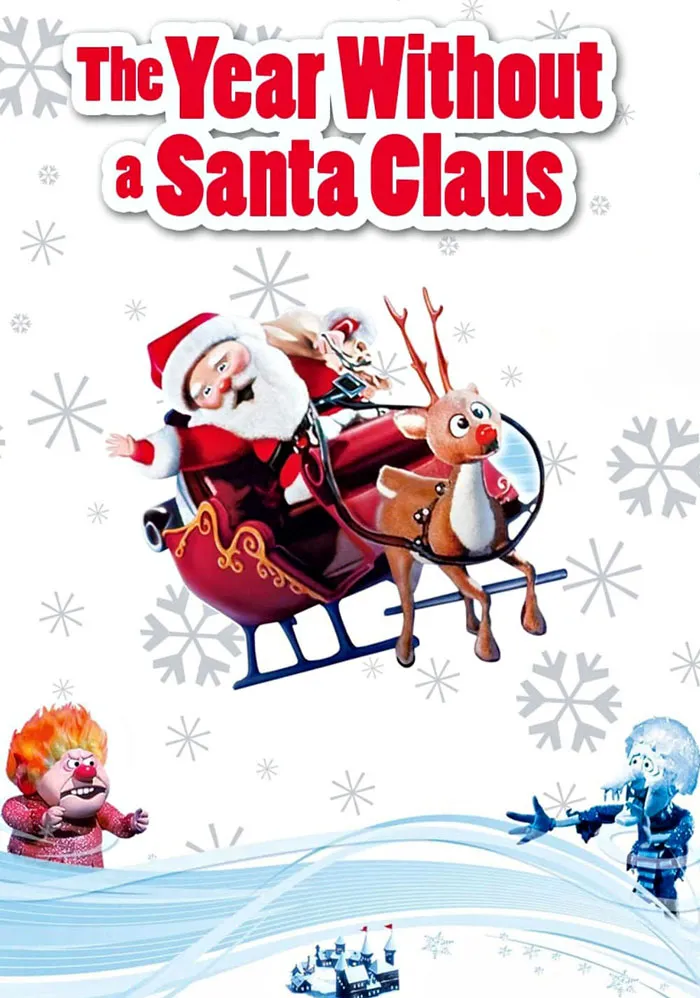 Santa on sleigh with reindeer, snowy background from a classic Christmas movie.