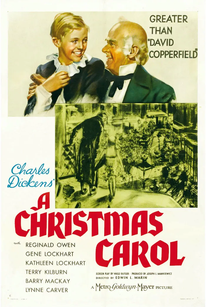 Christmas movie poster of "A Christmas Carol" featuring cheerful characters.