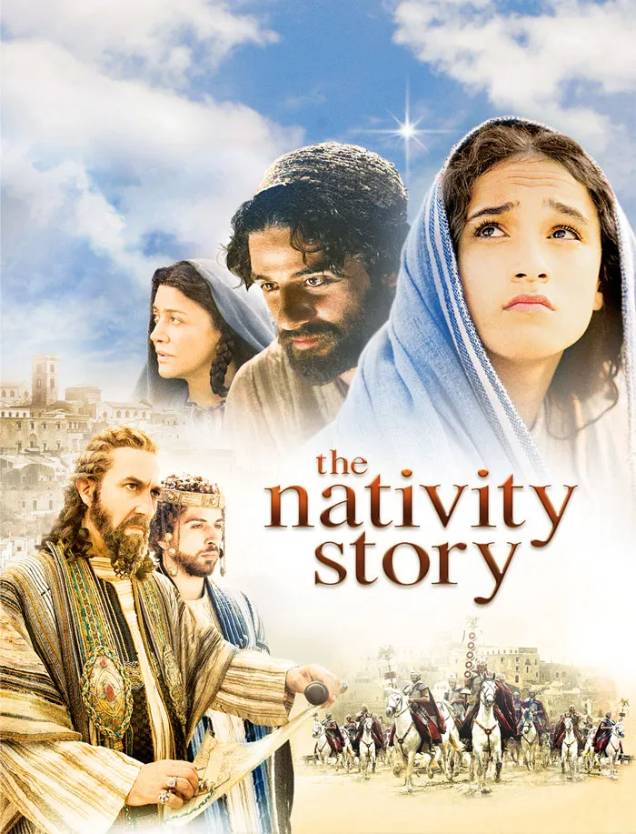 Cover of "The Nativity Story," a Christmas movie depicting biblical characters in ancient attire with a serene background.