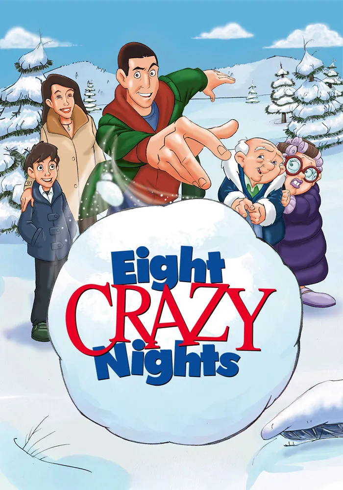 Animated winter scene with characters from Christmas movie, "Eight Crazy Nights," in a snowy landscape.