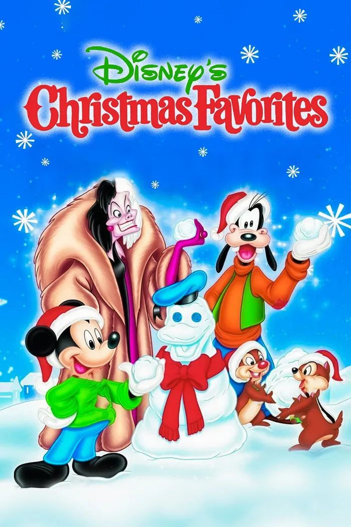 Disney characters celebrating Christmas with snowman and snowflakes, perfect for a festive holiday movie experience.
