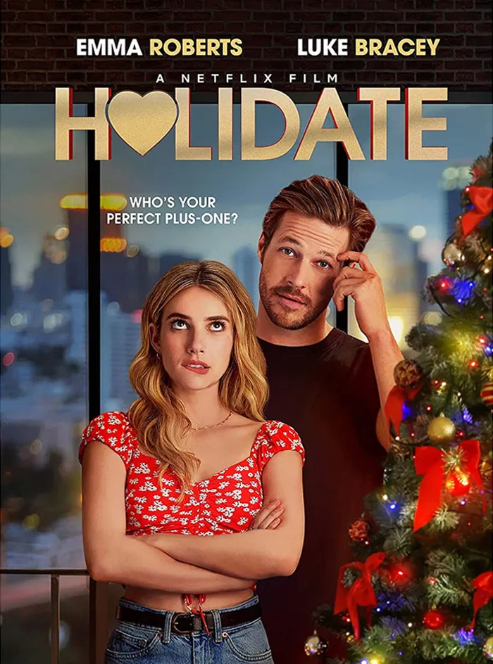 A couple stands by a decorated Christmas tree, pondering their holiday plans, captured in a festive movie poster scene.