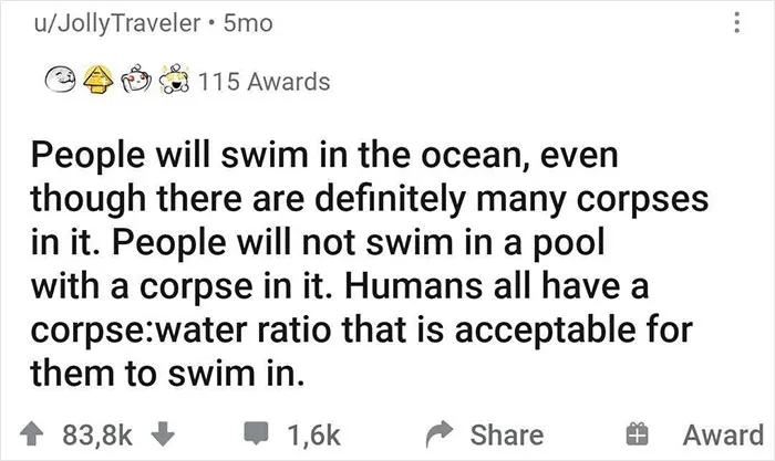 Funny realization about ocean vs. pool swimming preferences, emphasizing corpse-to-water ratio humor from an online community.