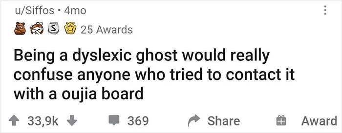Funny realization about a dyslexic ghost using a Ouija board, shared by an online community.