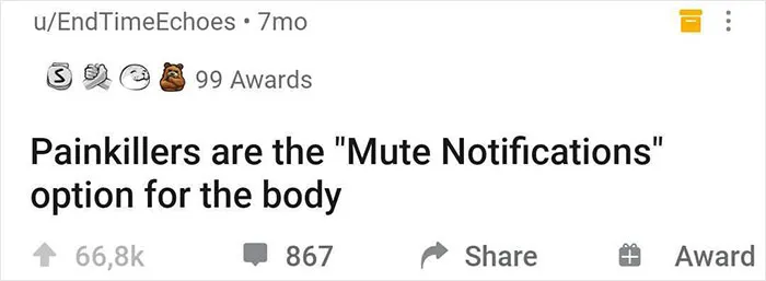 Humorous realization: "Painkillers are the 'Mute Notifications' option for the body," popular in an online community.