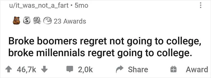 Online community post humorously comparing regrets of boomers and millennials about college decisions.