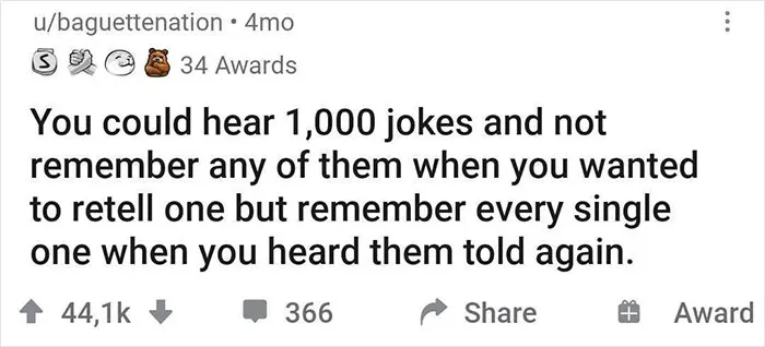 Funny shower realization post from an online community about remembering jokes only once heard again.
