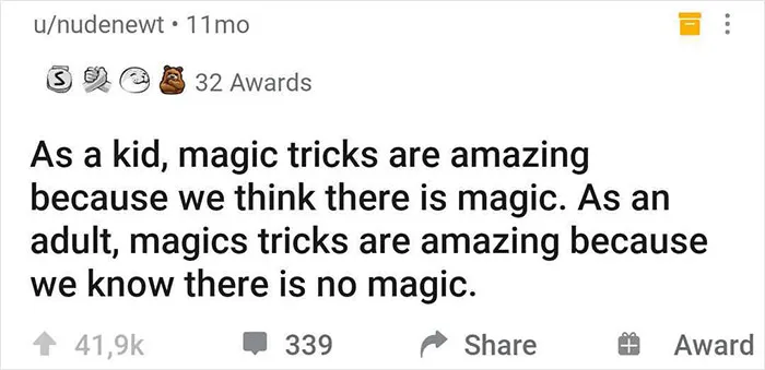 Screenshot of a user's shower realization about magic tricks, highlighting a shift in perspective from childhood to adulthood.