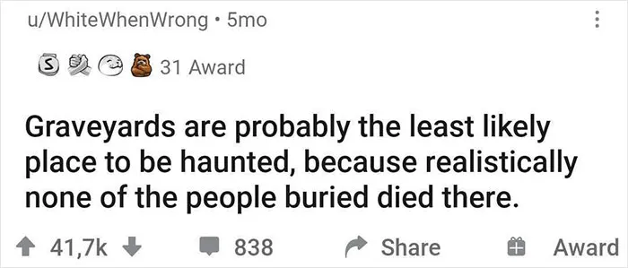 Funny realization about graveyards not being haunted, shared online.