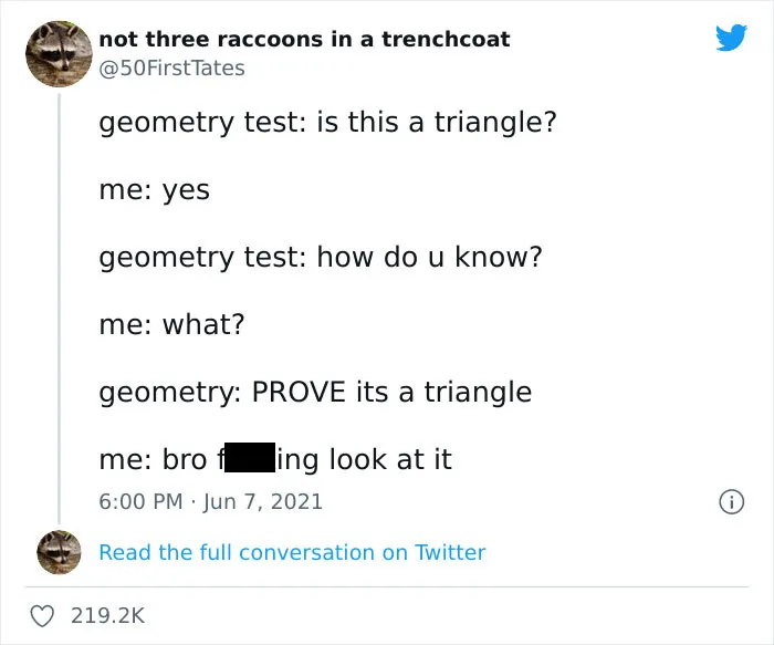 Funny meme text about a geometry test proof, featured in 50 funny memes from this IG page to lift up your spirits.