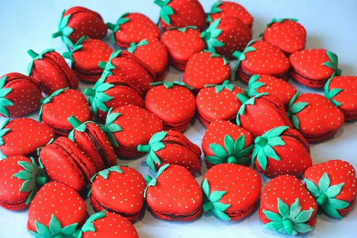 Finally Perfected My Macarons, Then Took It To The Next Level! Strawberry Shaped Macarons With Chocolate Ganache And Jam Filling