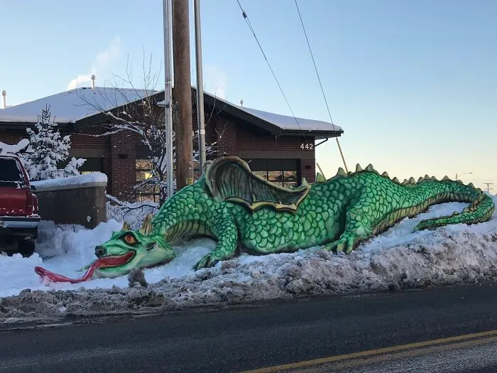 The Small Town Where I Commute For Work Has A Guy Who Builds Snow Sculptures For All To Enjoy As They Drive Past. He Really Outdid Himself With This Most Recent Storm