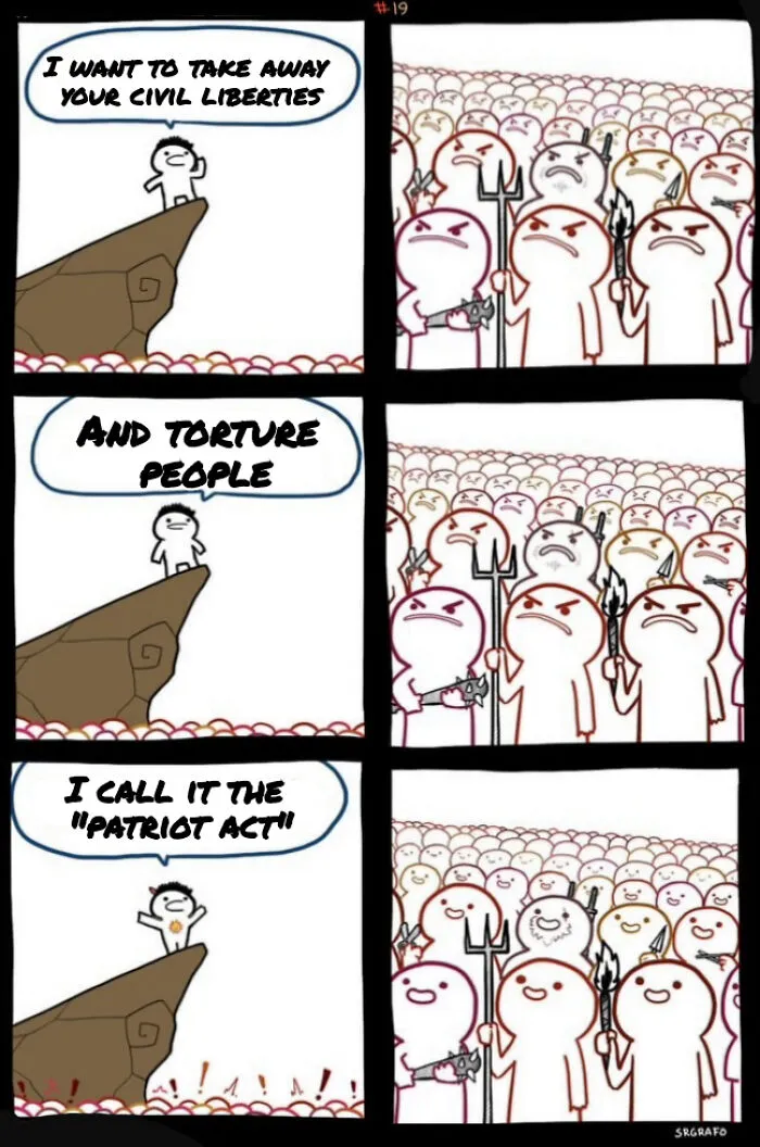 Cartoon history meme showing a figure threatening civil liberties and torture, referencing the Patriot Act with an angry crowd.
