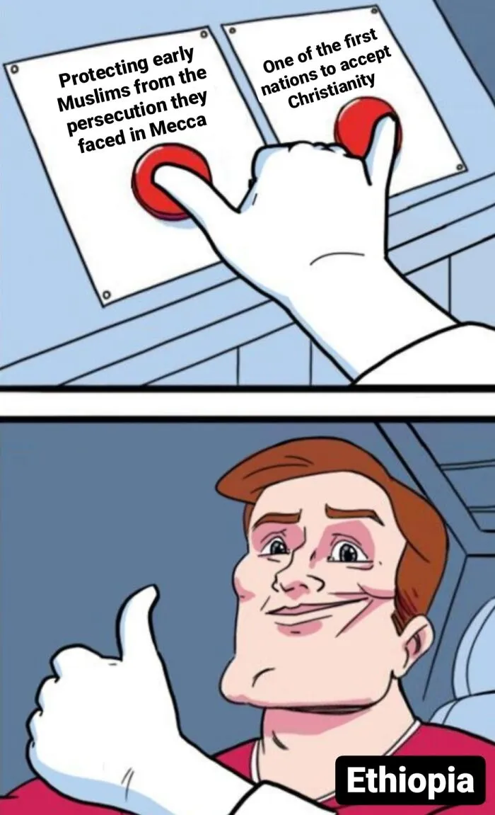 Cartoon man pressing buttons labeled protecting early Muslims and accepting Christianity representing Ethiopia in history memes.